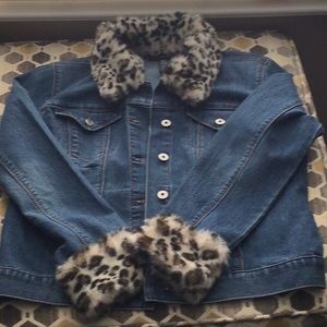 INC Jean jacket, w\removable leopard skin collar